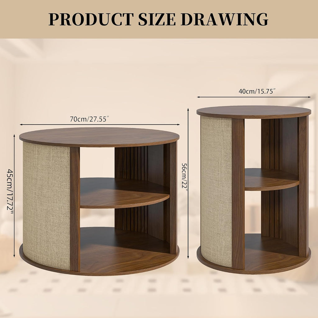 Walnut Round Coffee Table Set of 3, 2-Tier Boho Mid Century Modern Wooden Circle Center Coffee Table and End Table Sets with Adjustable Shelf, Sackcloth Finish, Farmhouse, for Living Room