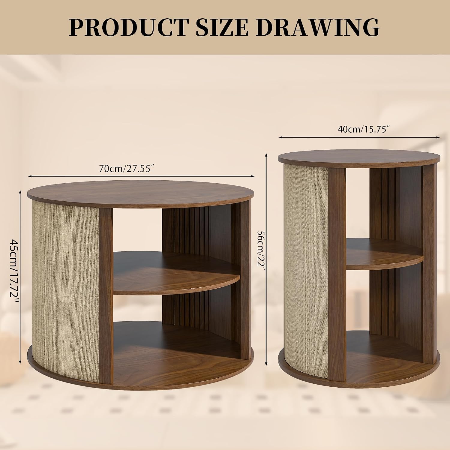 Walnut Round Coffee Table Set of 3, 2-Tier Boho Mid Century Modern Wooden Circle Center Coffee Table and End Table Sets with Adjustable Shelf, Sackcloth Finish, Farmhouse, for Living Room