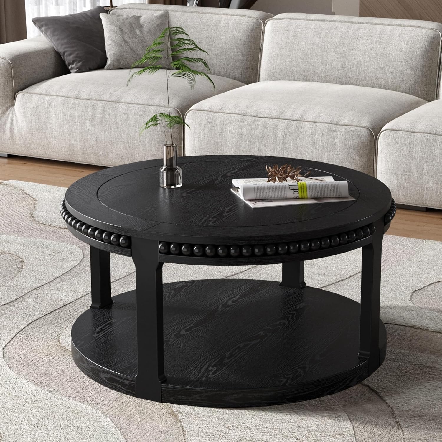 31.5'' Round Coffee Table, 2-Tier Modern Rustic Wood Circle Coffee Table for Living Room, Easy Assembly, Black