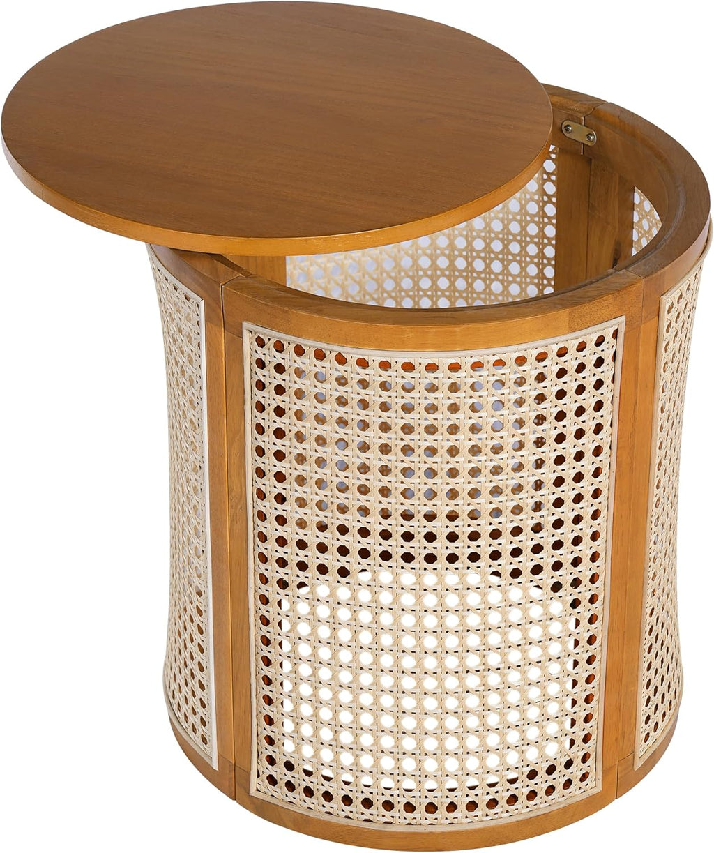 Christopher Knight Home Aurl Lift Top Round End Table with Storage, Modern Side Table with Woven Rattan Details, Wooden Small Coffee Table for Living Room, Round Storage Ottoman, Yellowish-Brown
