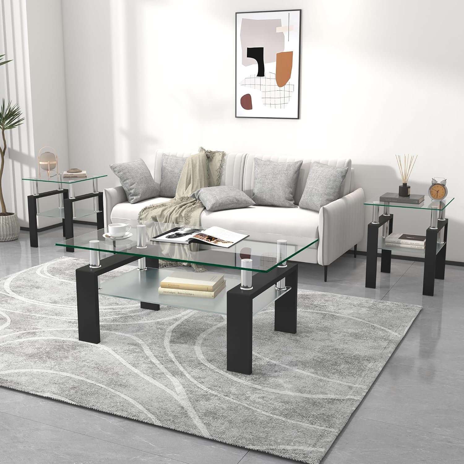 Glass Coffee Table Set of 3, 3-Piece Living Room Tables with Tempered Glass and Metal Frame, Coffee and End Table Sets, Clear