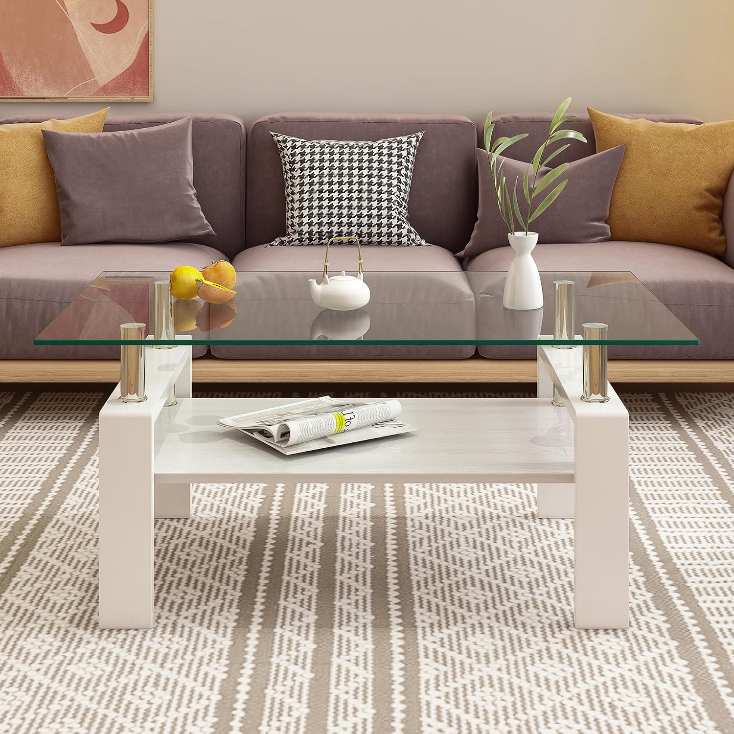 White Glass Coffee Table Sets of 3 for Living Room, Mordern End Table Sofa Side Tables, Metal Leg and Wood Storage 2 Tier, Rectangle