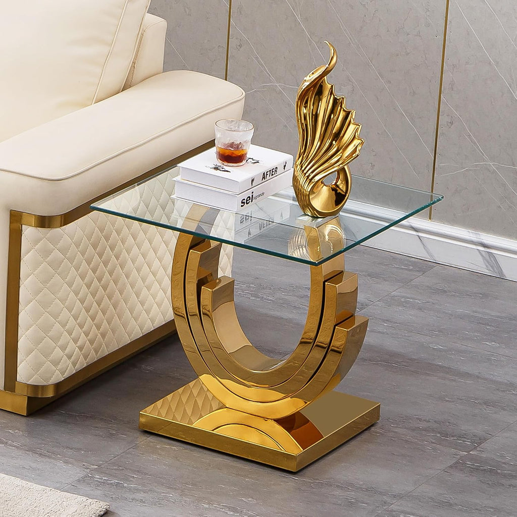 2 Piece Living Room Table Set Include 1 Glass Coffee Table & 1 End Table, Modern Gold Coffee Table Set of 2 with C-Shape Stainless Steel Pedestal Base