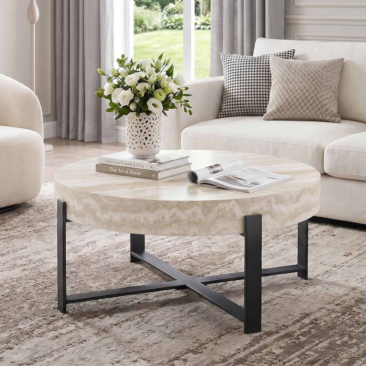 Round Coffee Table, Small Wood Coffee Table with Storage, Modern Wood Circle Table with Metal Frame, Round Accent Center Tables for Living Room Apartment Small Space