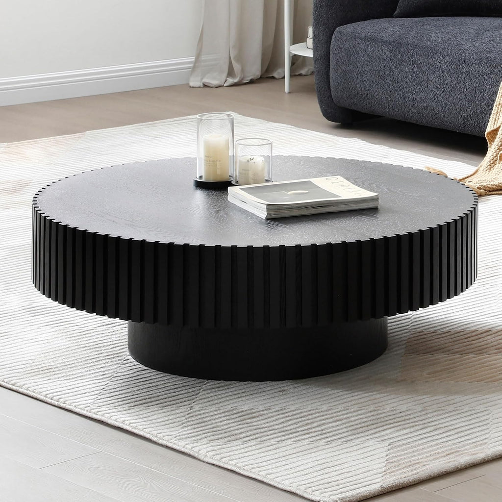 31.49' Round Coffee Table Wood, Modern Unique Circle Coffee Table, Contemporary Oak Drum Fluted Accent Side Table Center for Living Room, Small Space, Apartment, Black