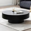 31.49' Round Coffee Table Wood, Modern Unique Circle Coffee Table, Contemporary Oak Drum Fluted Accent Side Table Center for Living Room, Small Space, Apartment, Black