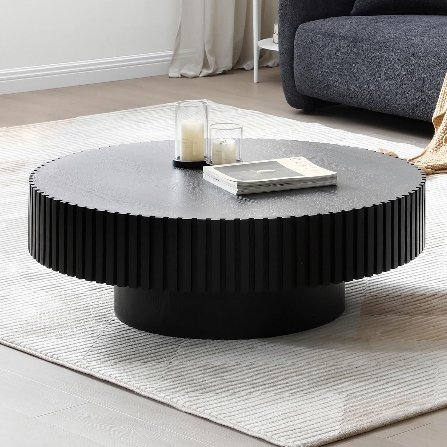 WILLIAMSPACE 35.43' Black Round Coffee Table, Modern Luxury Wood Circle Drum Center Table for Living Room, Accent Side End Table for Apartment, ø35.43' x 13.77'H (Black)