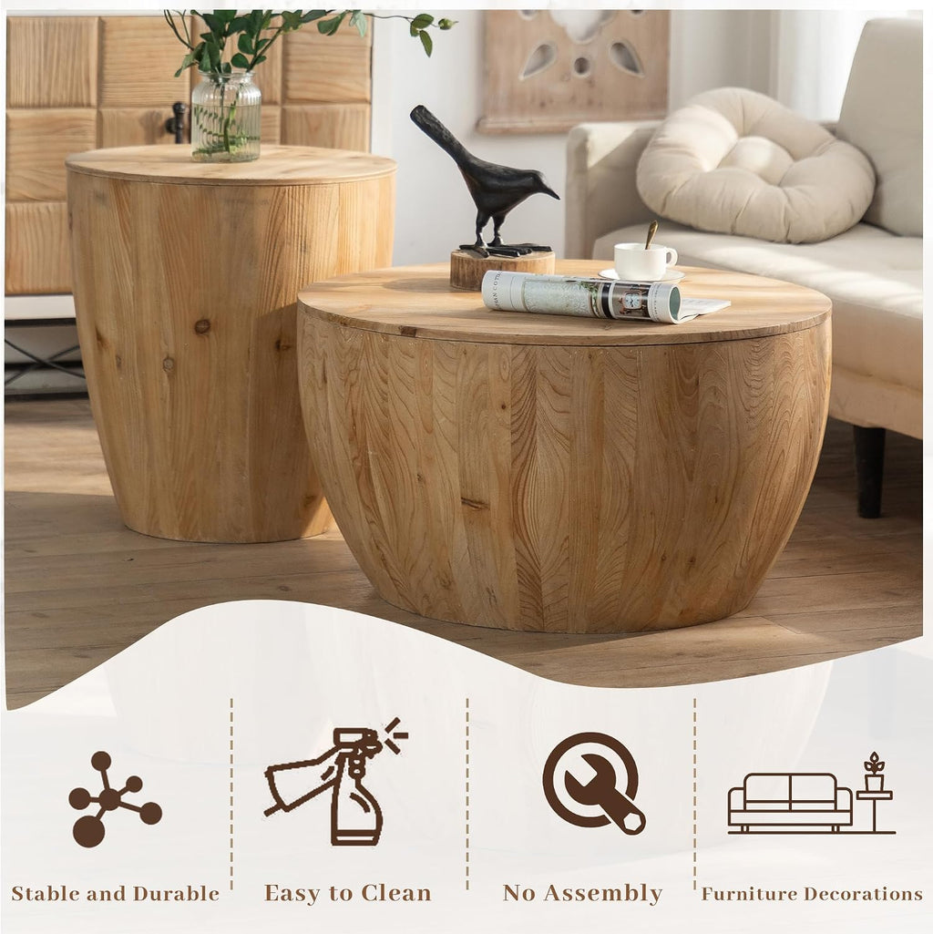 Vintage Style Bucket Shaped Coffee Table, Drum Coffee Table for Office, Dining Room and Living Room, Nature(Two-Piece Set)