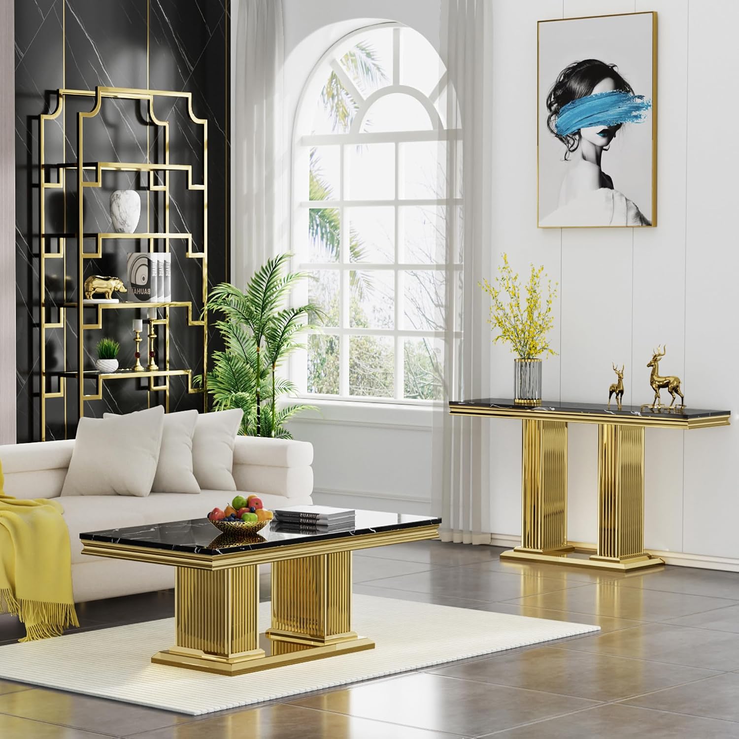 2 Pieces Coffee Table Set, Faux Marble Living Room Table Set of 2, Modern Coffee Table and Console Table with Column-Shaped Stainless Steel Base for Living Room Office (Black Gold)