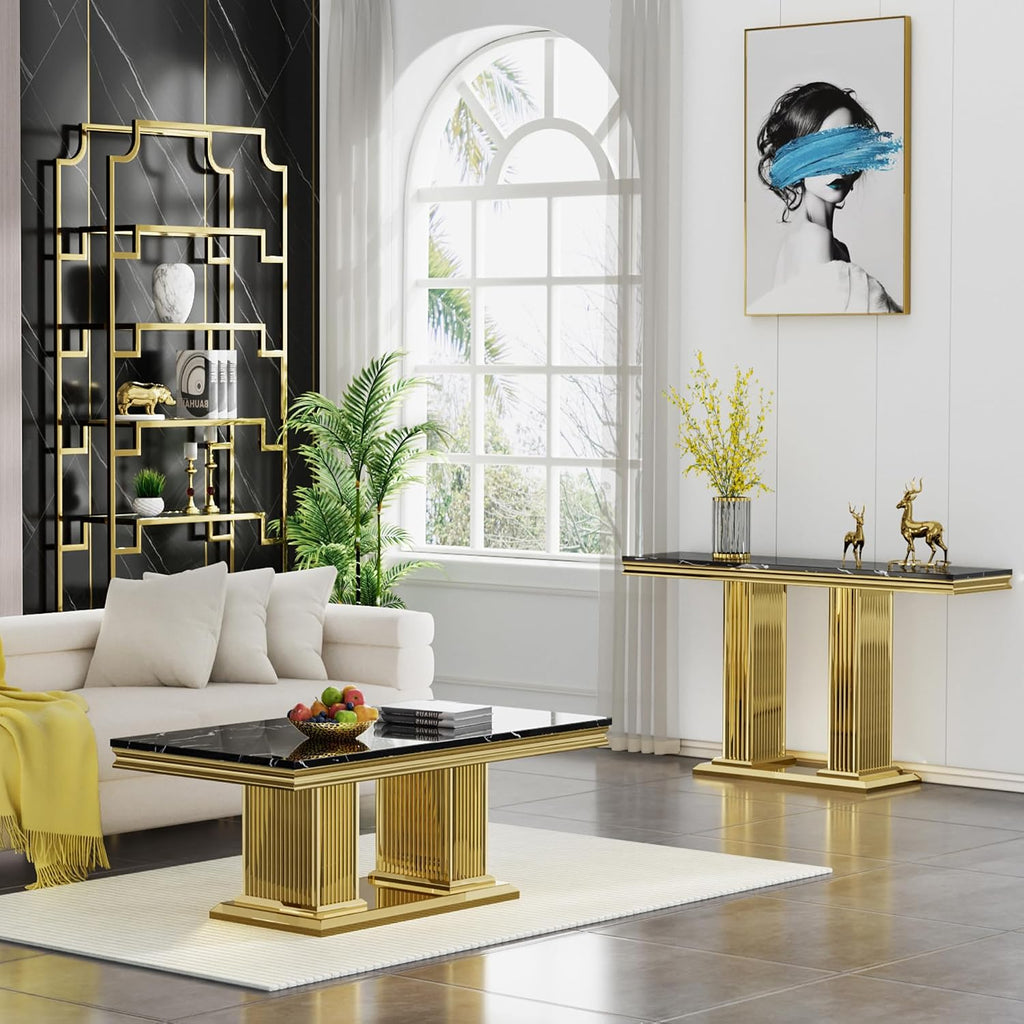2 Pieces Coffee Table Set, Black Faux Marble Living Room Table Set of 2, Modern Marble Coffee Table and Console Table with Gold Column-Shaped Stainless Steel Base for Living Room Home Office