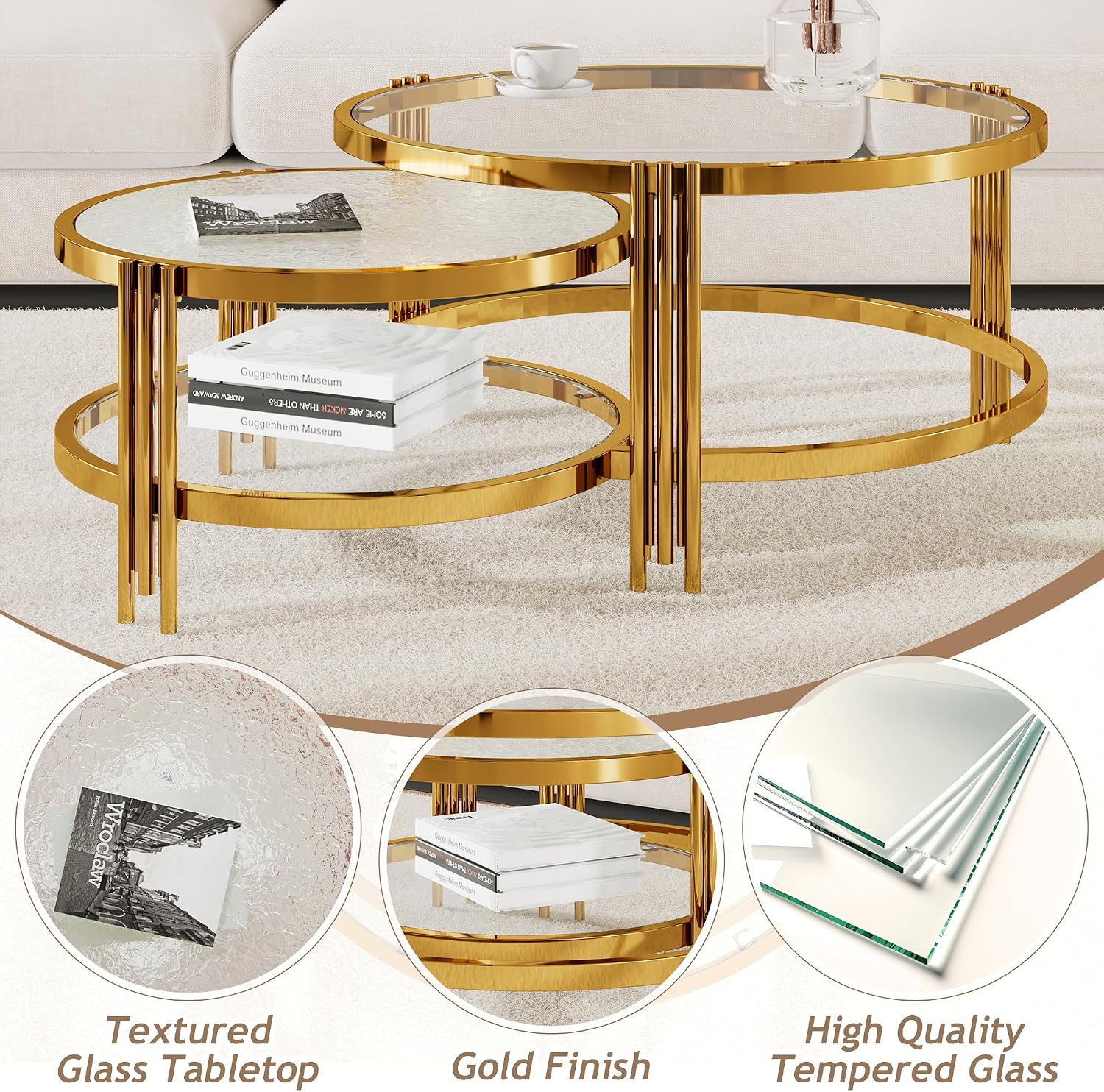 Merax 2-Piece Nesting Round Coffee Table Set, Gold Finish Metal Frame with Textured Tempered Glass Tops, Modern Stylish Accent & Side Table for Living Room, Bedroom, Apartment, Office, Transparent
