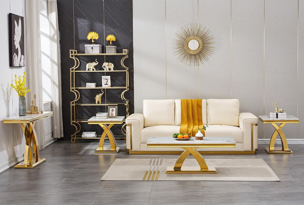 Marble Coffee Table Set of 3, 3 Piece Living Room Table Set Include 1 Coffee Table & 1 End Table & 1 Console Table, Modern White Gold Coffee Sofa Table Sets with Double X Shape Stainless Steel Base