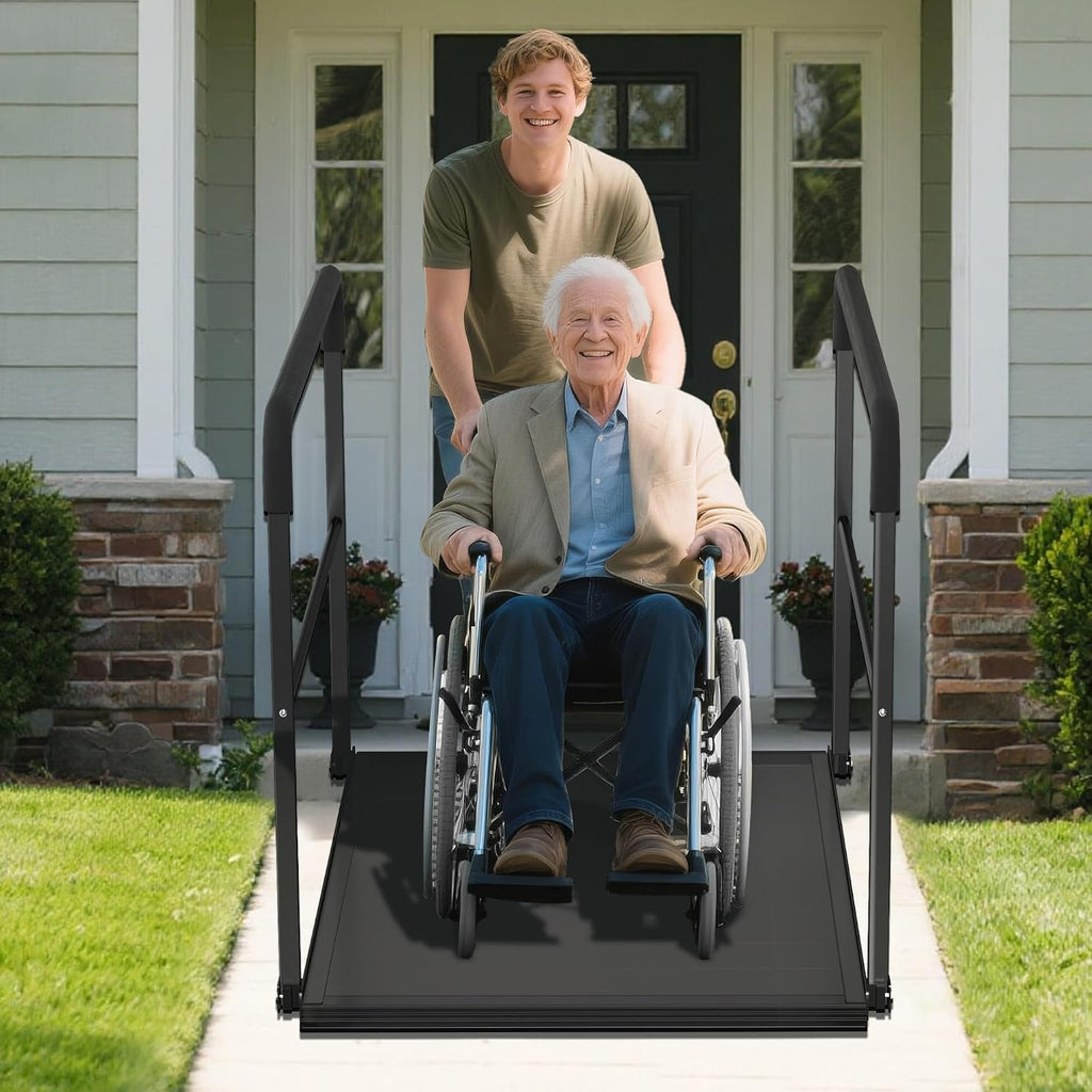 One-Piece Portable Wheelchair Ramp with Dual Side Safety Handrails, 800 Lbs Anti-Slip Aluminum Handicap Threshold Ramp for Home Steps & Doorways, Elderly & Disabled Access