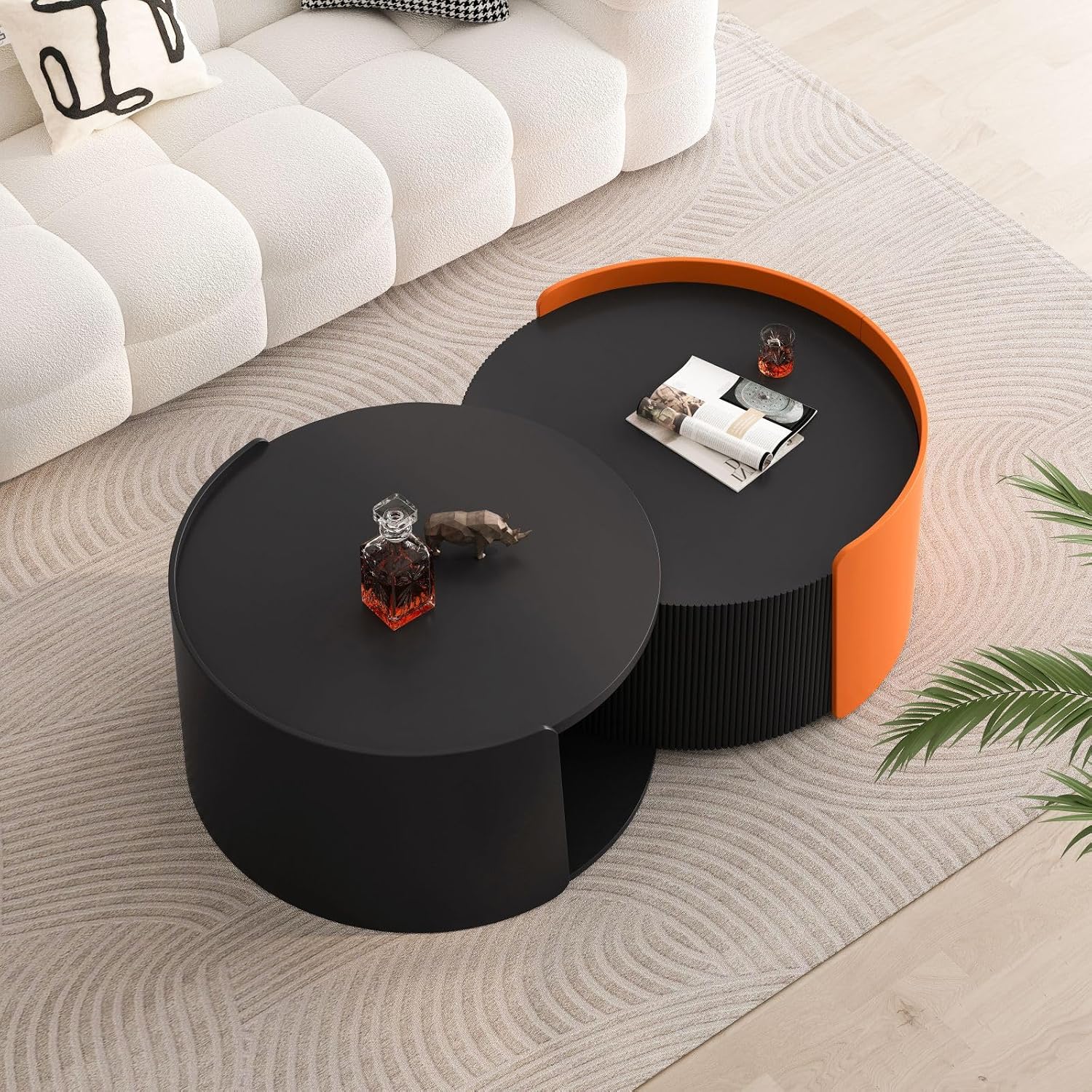 KEVINSPACE Round Coffee Table Mid Century Modern Coffee Table Pull Out Design Farmhouse Coffee Table with Storage Cocktail Table for Living Room Patio Office Abstract End Tables Black