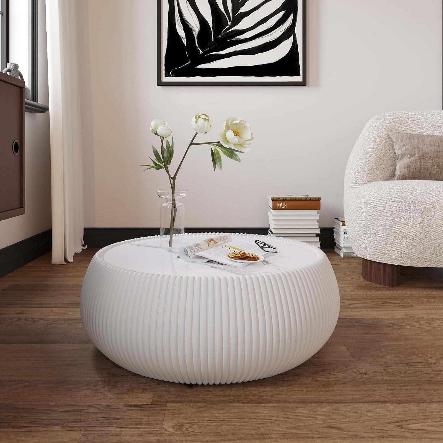 27.55' Round Marble Coffee Table,White Fluted Coffee Table with White Sintered Stone Top & PU Leather Covered, Modern Drum Coffee Cocktail Center Tables for Living Room,No Need Assembly