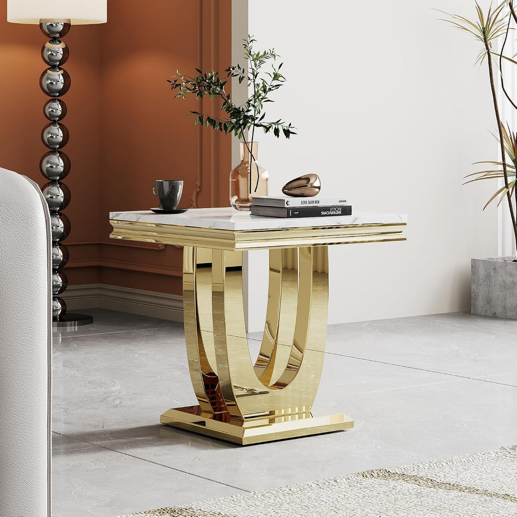 Modern Marble End Table,22' Suqare Side Table with Gold U-Shape Stainless Steel Base,Luxury White Faux Marble End Table Nightstand Pedestal Stand Lamp Table for Hallway, Living Room, Bedroom