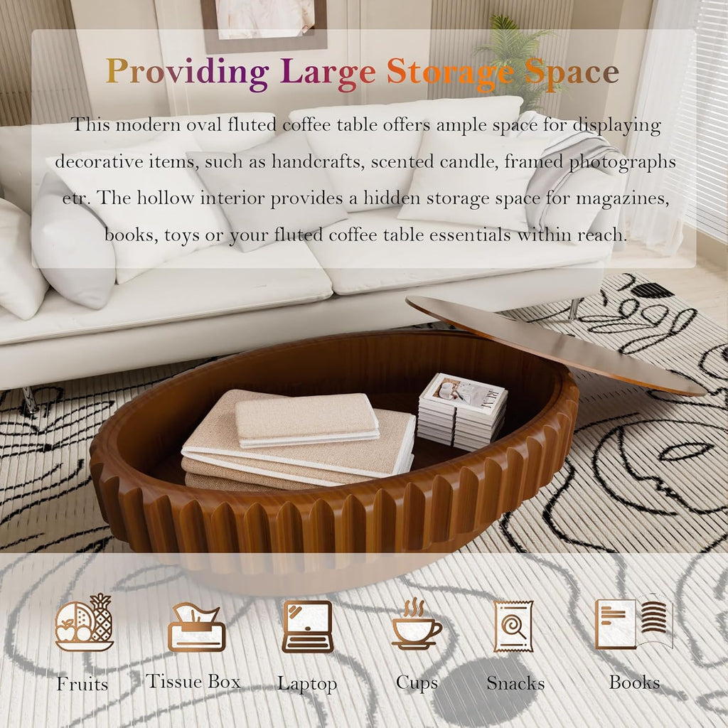 43.3' Oval Drum Coffee Table - Handcraft Solid Wood Edge Stripe Rustic Chic Fluted Tea Table with with Storage for Small Space Apartment (E 43.3in)
