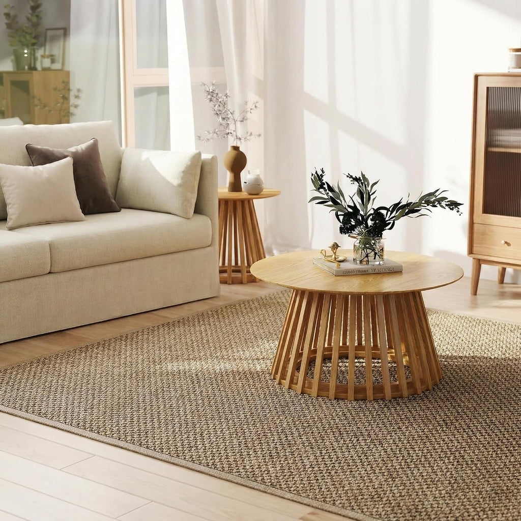 HNY Modern Round Coffee Table for Living Room, Mid Century Wood 31.5' Circle Small Center Table with Wooden Fluted Base for Home Small Space, Bedroom, Apartment, Studio, Natural