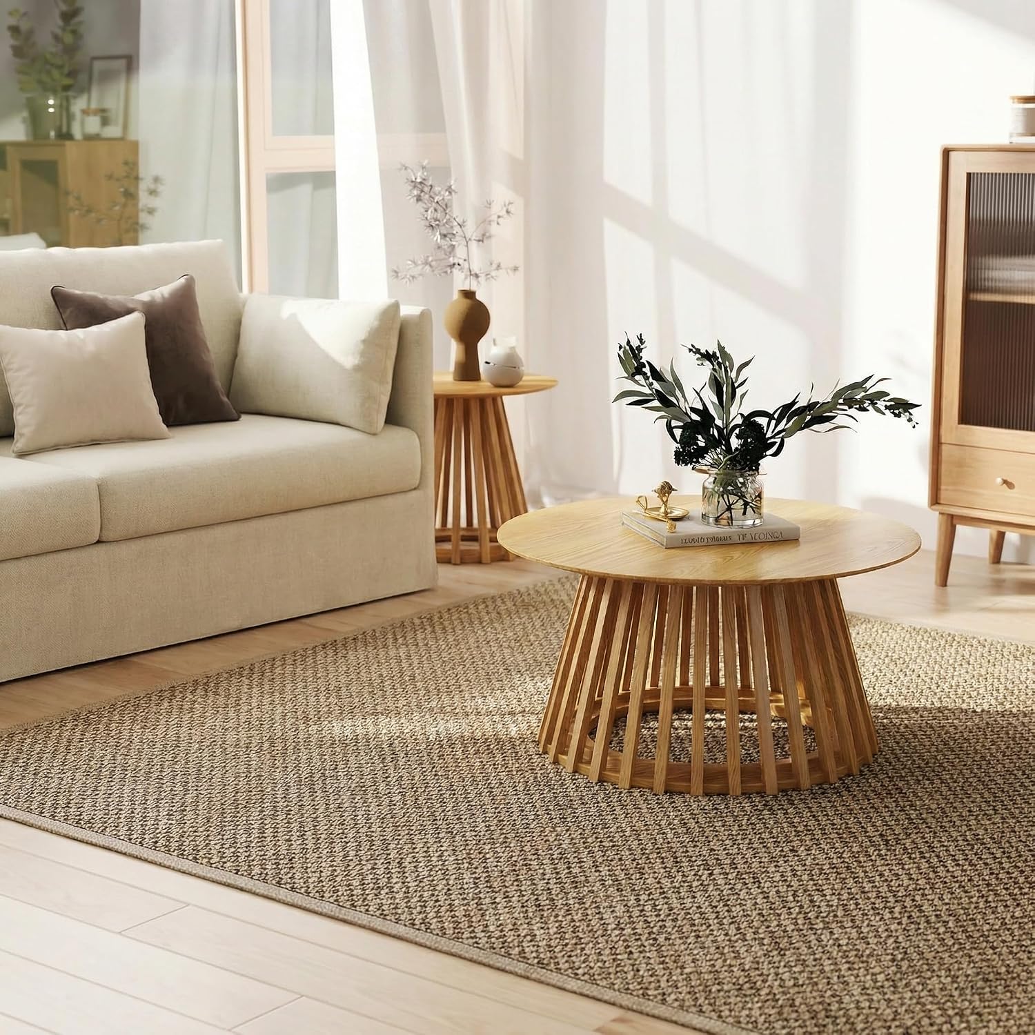 HNY Modern Round Coffee Table for Living Room, Mid Century Wood 31.5' Circle Small Center Table with Wooden Fluted Base for Home Small Space, Bedroom, Apartment, Studio, Natural