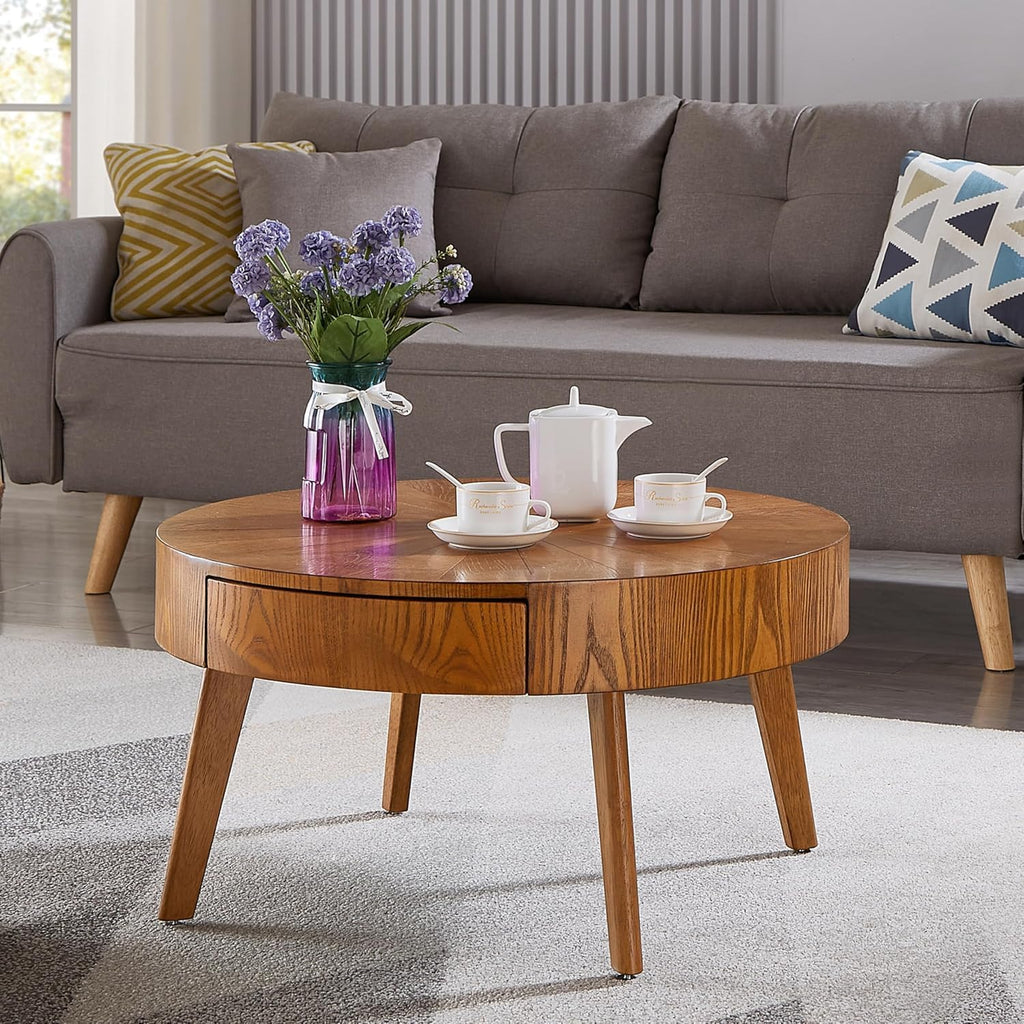 Round Wood Coffee Table for Living Room, Modern Wood Table with Storage, Wooden Circle Coffee Table, 29.14' L x 29.14' W x 15.87' H