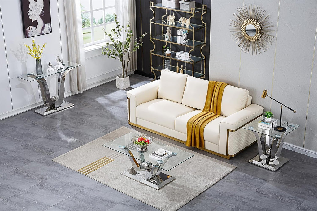 Luxury Glass Coffee Table Set of 2 Piece Silver Living Room Table Set of 2 Including Coffee and End Table Set, Gorgeous Stainless Steel Frame, Clear Glass Top for Living Room Home Office Apartment