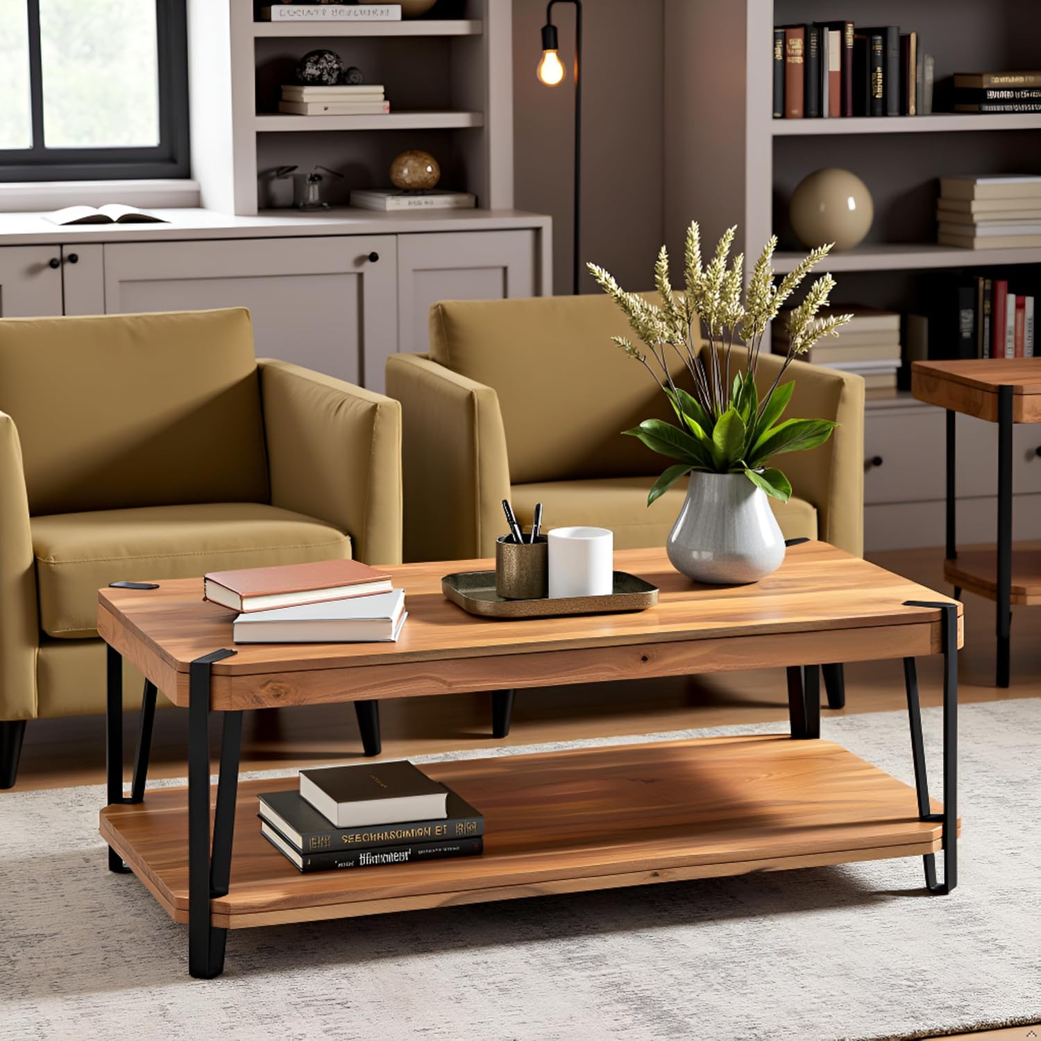 Ryegate Large Coffee Table, 48 Inch Natural Solid Acacia Wood with Unique Live Edge and Metal Frame, Industrial Modern Style, Durable Construction with Clear Natural Finish, Ideal for Living Room