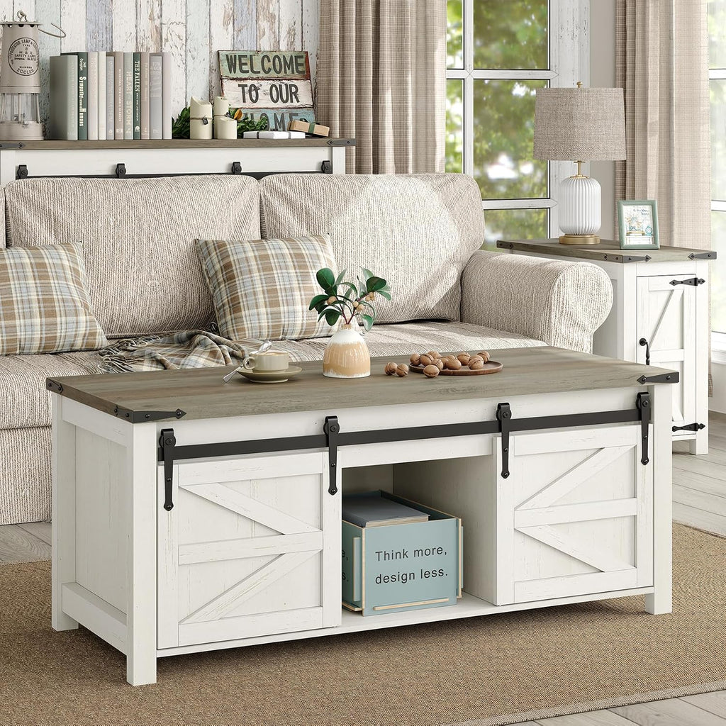 Furnihold 47.3''Lift Top Coffee Table, Farmhouse Center Table with Large Storage & Sliding Barn Doors, Modern Rectangular White Cocktail Table for Living Room, Grey Top