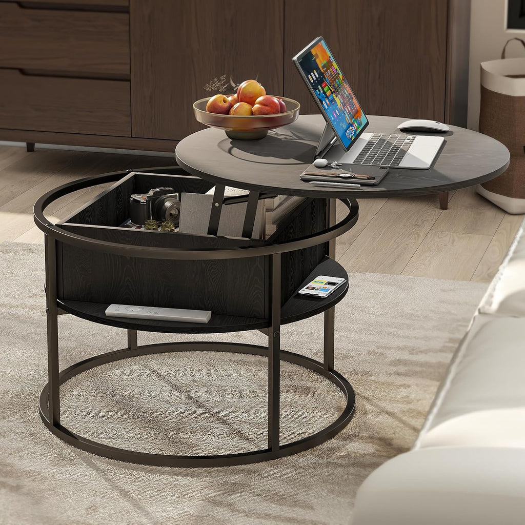 HOJINLINERO Round Lift Top Coffee Table,with Storage Hidden Compartment,Wood Farmhouse Coffee Table Decor