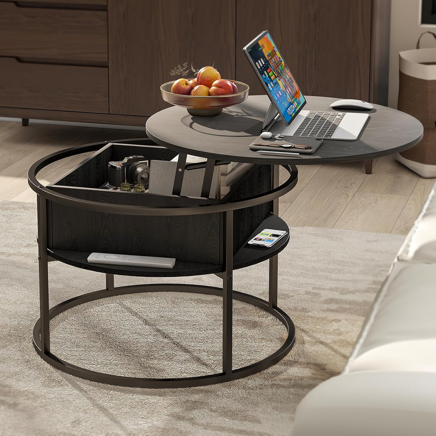 HOJINLINERO Round Lift Top Coffee Table,with Storage Hidden Compartment,Wood Farmhouse Coffee Table Decor