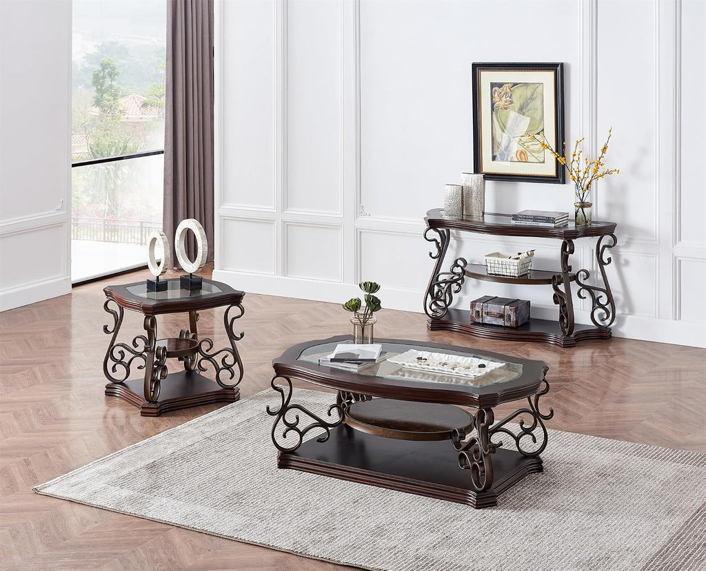 2 Piece Retro Coffee Table Set, Mid Century Modern Living Room Table Set, Traditional 3-Tier Coffee Table and End Table with Tempered Glass Top & Storage Shelf for Living Room Home Office