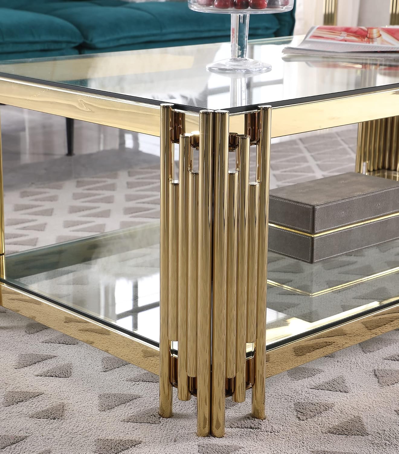 SSLine Clear Glass Coffee Table with Gold Stainless Steel Frame Luxury Rectangle 2-Tier Coffee Table for Living Room Modern Elegant Cocktail Center Table with Storage Shelves for Home Office