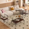 Glass Coffee Table Sets of 3 Modern Brown Living Room Table Set End Tables with Black Metal Legs & Wood Walnut Bottom Shelf, Center Cocktail Furniture, Clear + Brown