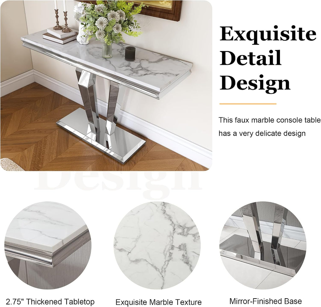47 inch Gold Console Table, Modern Entryway Table with Diamond-Shaped Metal Base for Entrance, Hallway, Living Room (White Faux Marble & Silver)