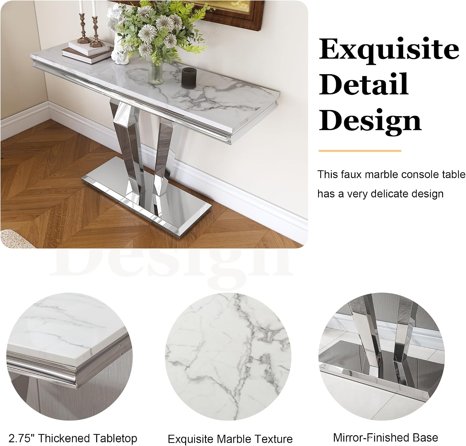 47 inch Gold Console Table, Modern Entryway Table with Diamond-Shaped Metal Base for Entrance, Hallway, Living Room (White Faux Marble & Silver)