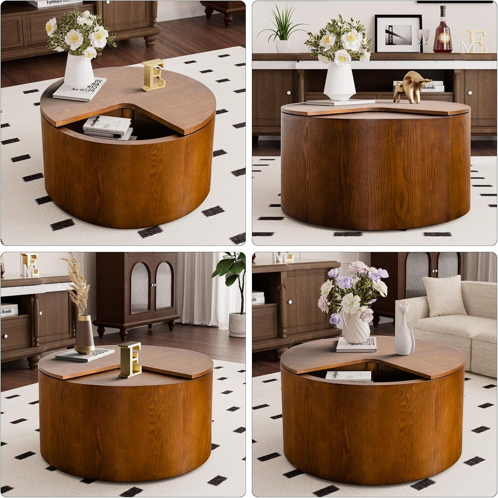 27.16' Modern Walnut Side Table with Storage, Mid Century Round Sofa End Table - 360° Rotation Tabletop for Small Space No Assemble Required (Walnut 27.16in)