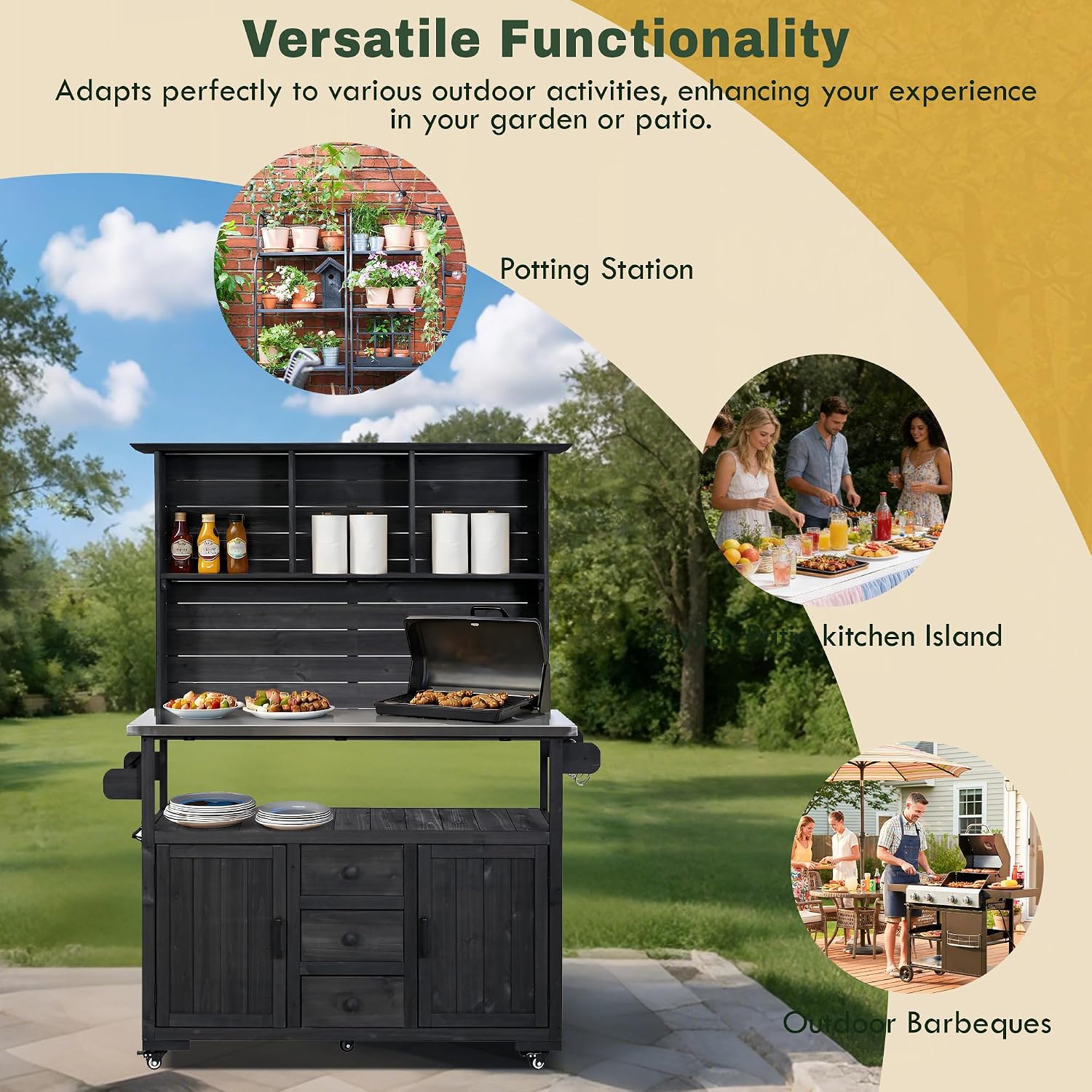 Merax 65''H Large Garden Storage Potting Bench with Lockable Wheels, Wood Outdoor Kitchen Island with Stainless Steel top, Drawers, Door Shelves and Hutch for Grilling, Black
