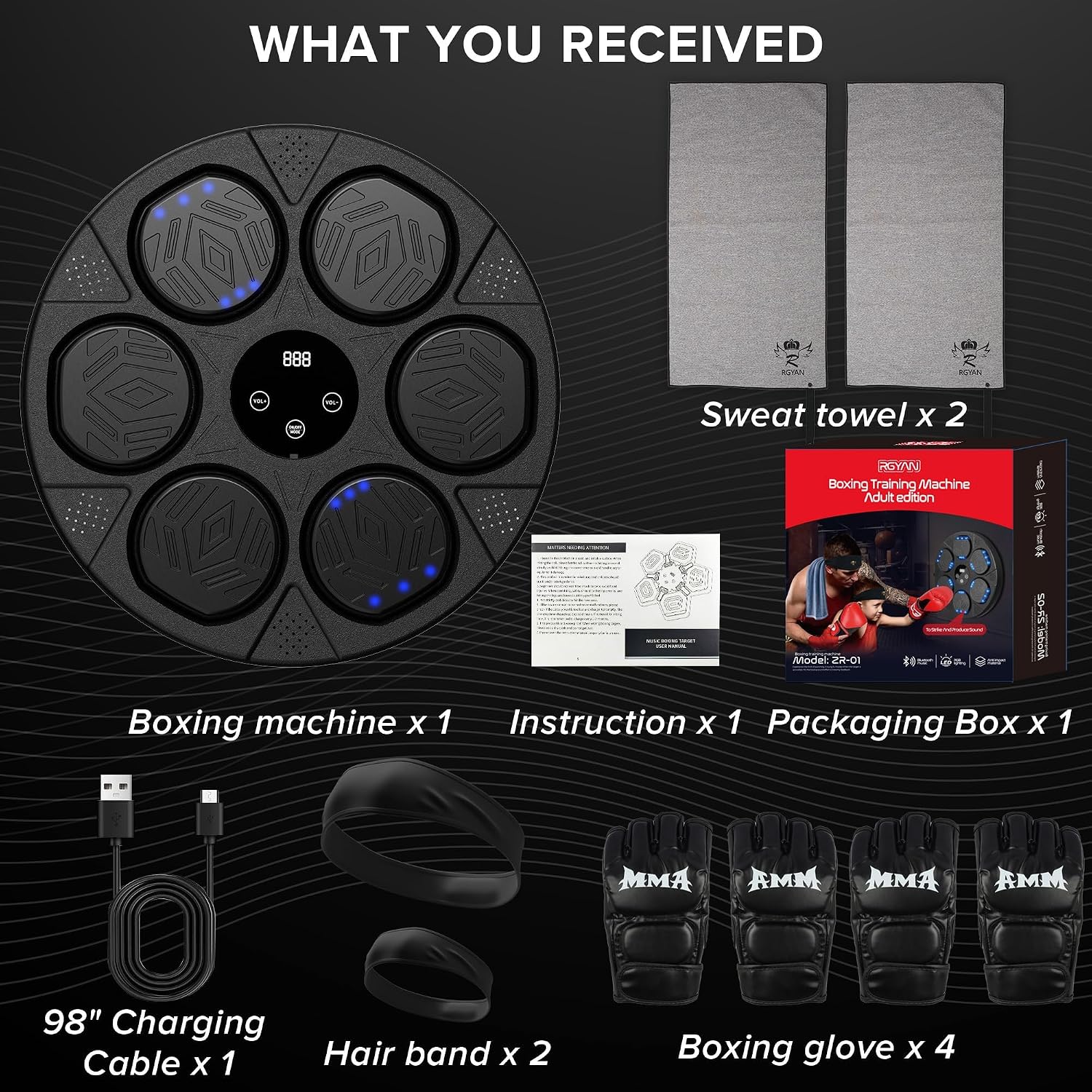 Music Boxing Machine Wall Mounted Smart Boxing Kit with 2 Pairs Gloves | 6 Light-Up Targets, Bluetooth Speaker, Reaction Training, 2 Pairs Gloves, Headbands & Towels Included
