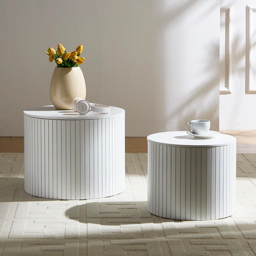 Nesting Coffee Table Set of 2, 19.17' Round Coffee Tables with Storage, Modern End Table for Living Room,Side Table for Apartment,Office,Dorm(White)