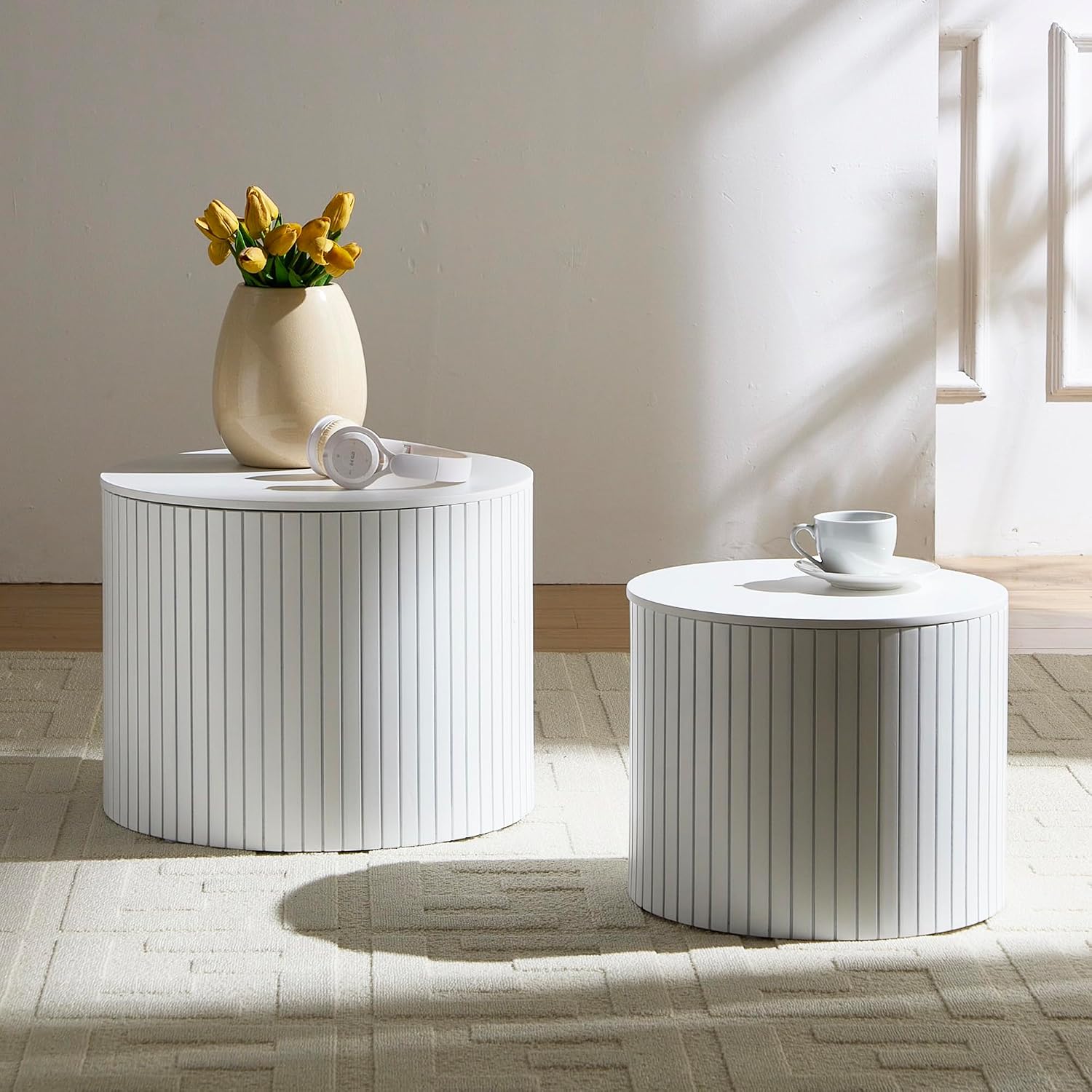 Nesting Coffee Table Set of 2, 19.17' Round Coffee Tables with Storage, Modern End Table for Living Room,Side Table for Apartment,Office,Dorm(White)