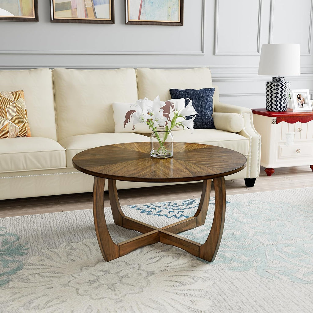 3-Piece Living Room Table Set, Farmhouse Solid Wood Table Set, Included Round Coffee Table and 2 End Tables with Criss-Cross Legs for Apartment Home Office, Accent Furniture, Brown Tea