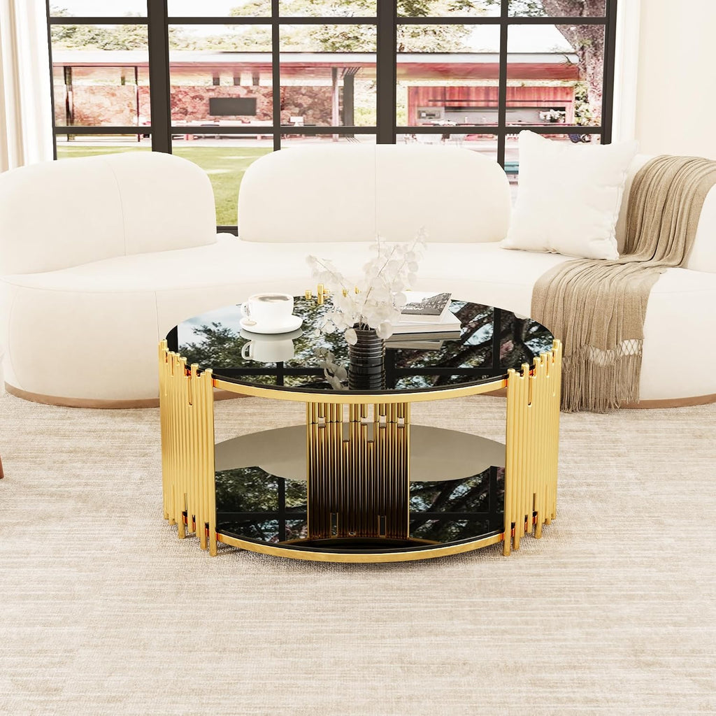 36'' Tempered Glass Round Coffee Table for Living Room, 2-Tier Modern Circle Coffee Table, Black Mirror Tabletop & Metal Drum Base, Easy Assembly, Black & Gold