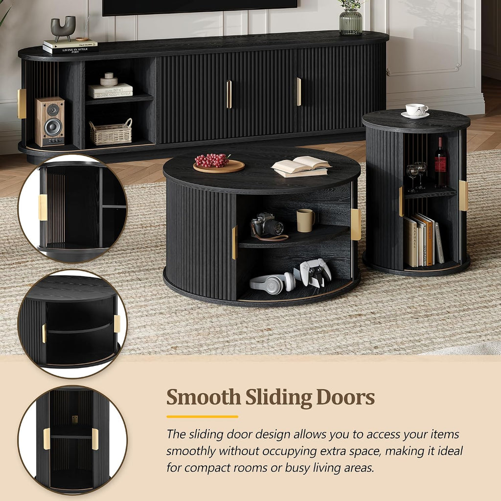 LUMISOL TV Stand and Coffee Table Set of 3, Fluted Entertainment Center with Sliding Doors and Cable Hole for TVs up to 75', Farmhouse Round Center Table for Living Room, Black