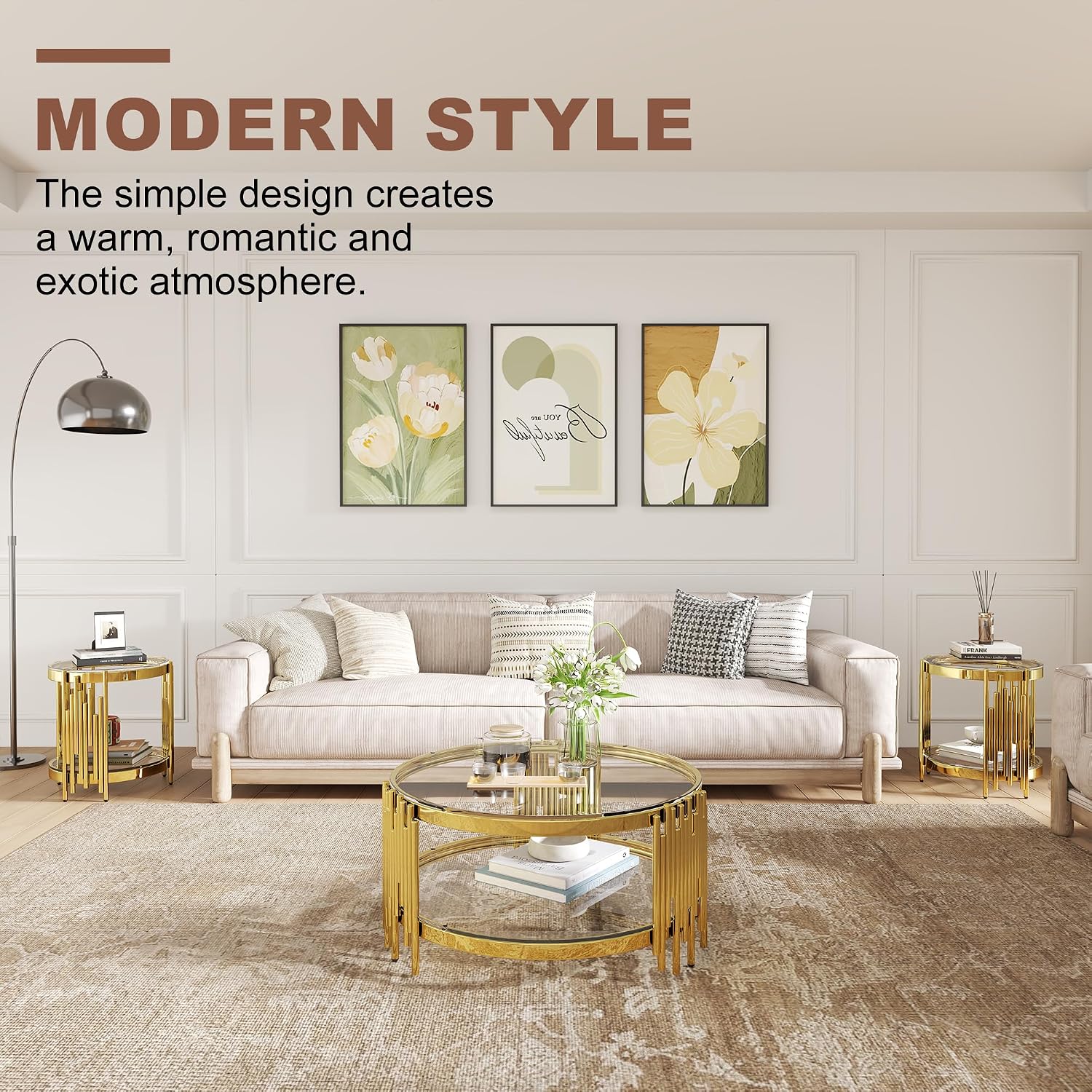 3 Piece Living Room Table Set with 1 Glass Coffee Table and 2 End Tables, 2 Tier Glass Coffee Table Set of 3 with Round Stainless Steel Legs and Tempered Glass Top, Gold/Clear