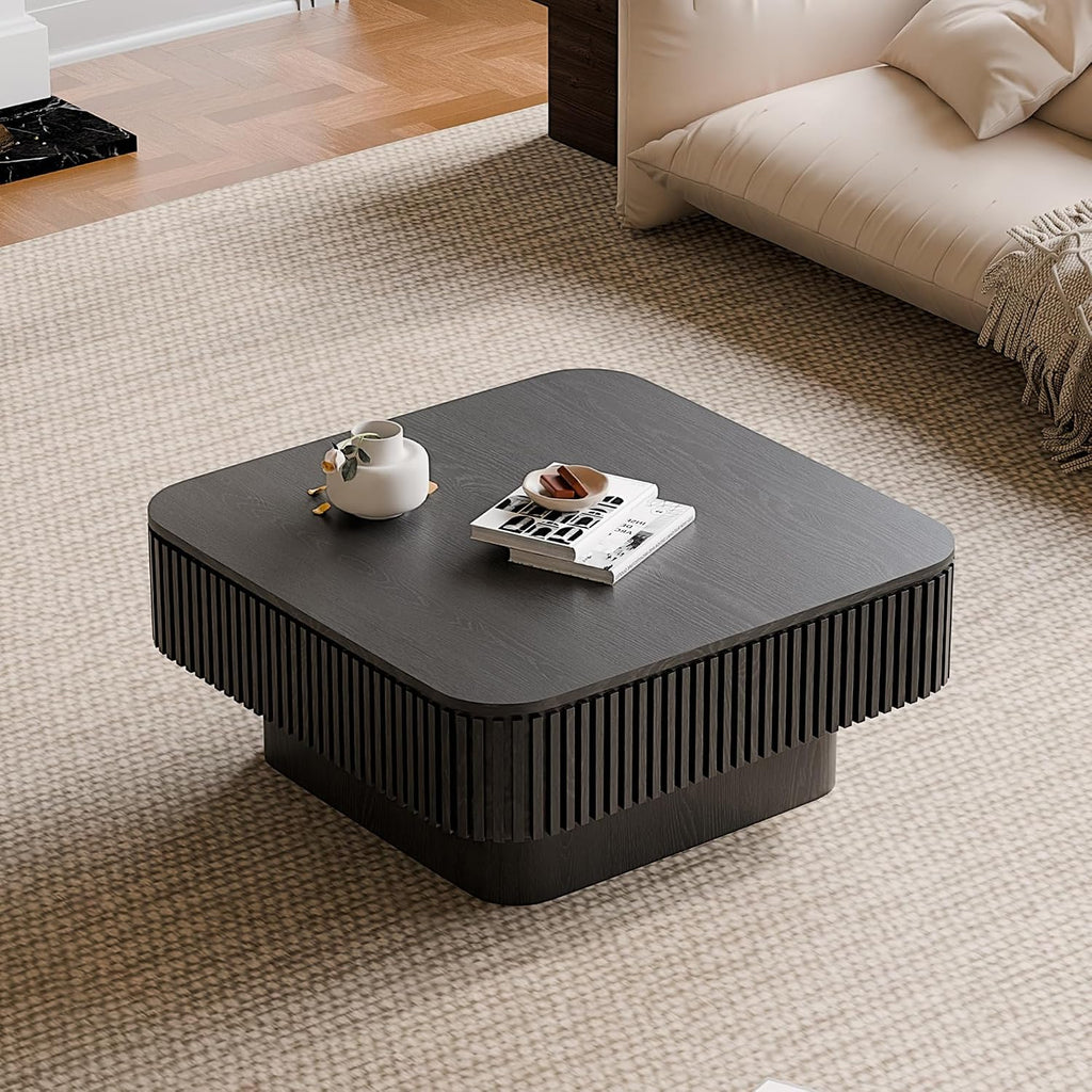 31.5' Square Coffee Table with Hidden Storage Compartment, Modern Handcraft Fluted Drum Coffee Table, Wooden Square Center Table Cocktail Tea Table with Sturdy Pedestal for Living Room, Black