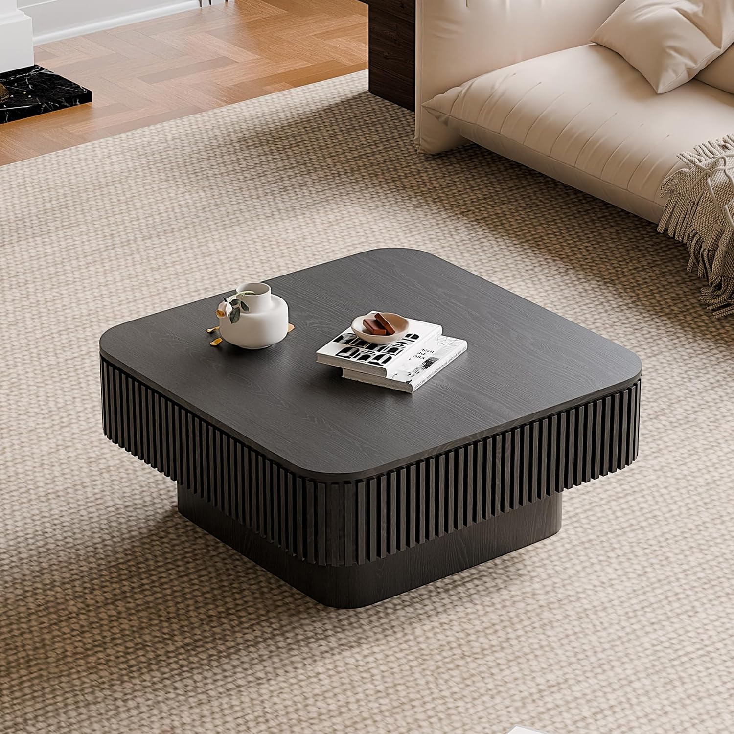 31.5' Square Coffee Table with Hidden Storage Compartment, Modern Handcraft Fluted Drum Coffee Table, Wooden Square Center Table Cocktail Tea Table with Sturdy Pedestal for Living Room, Black