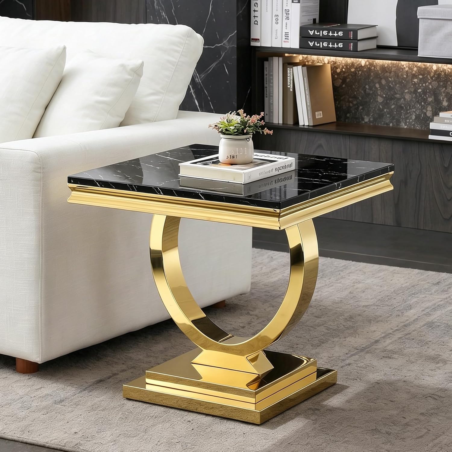 Henf 3 Piece Living Room Table Set, Faux Marble Coffee Table & 2 End Tables, Luxury Black Gold Coffee Table and End Table Set of 3 with Mirrored Stainless Steel Base for Living Room Apartment