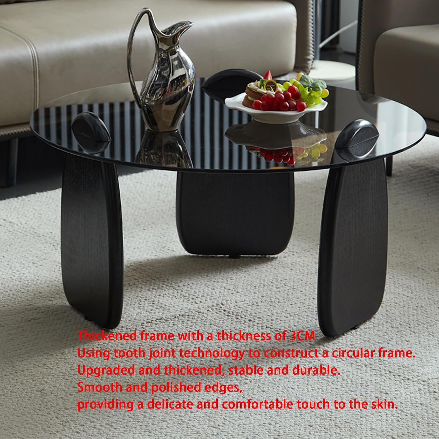 EASYSOUL Modern Round Coffee Table with Glass Top, 27.56' D x 27.56' W x 14.69' H, Circular Tea Tables for Living Room Home Office Industrial Cocktail Tables (Black-Grey Glass/27.56')
