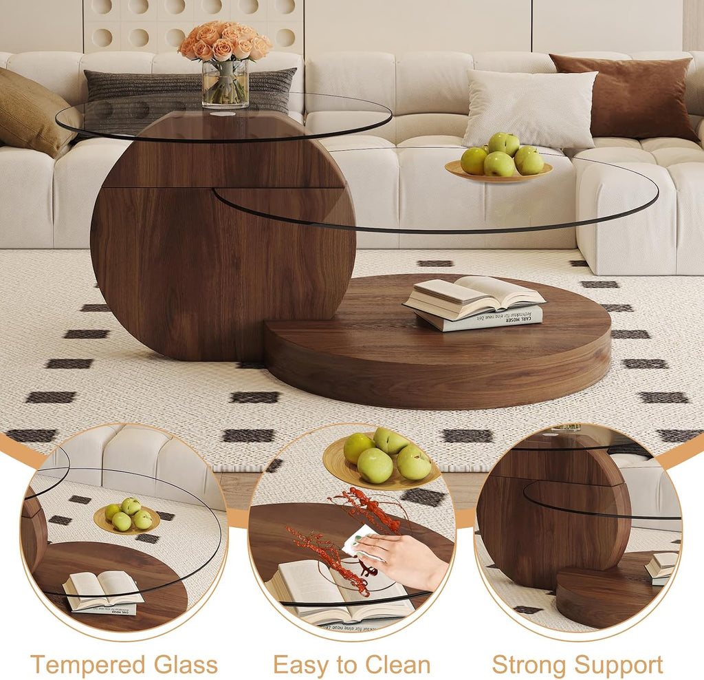 Glass Coffee Table 3 Tier Round Coffee Tables Tempered Clear Glass Top and Wood Table with Storage Modern Circle Coffee Table for Living Room(42' Dark Brown)