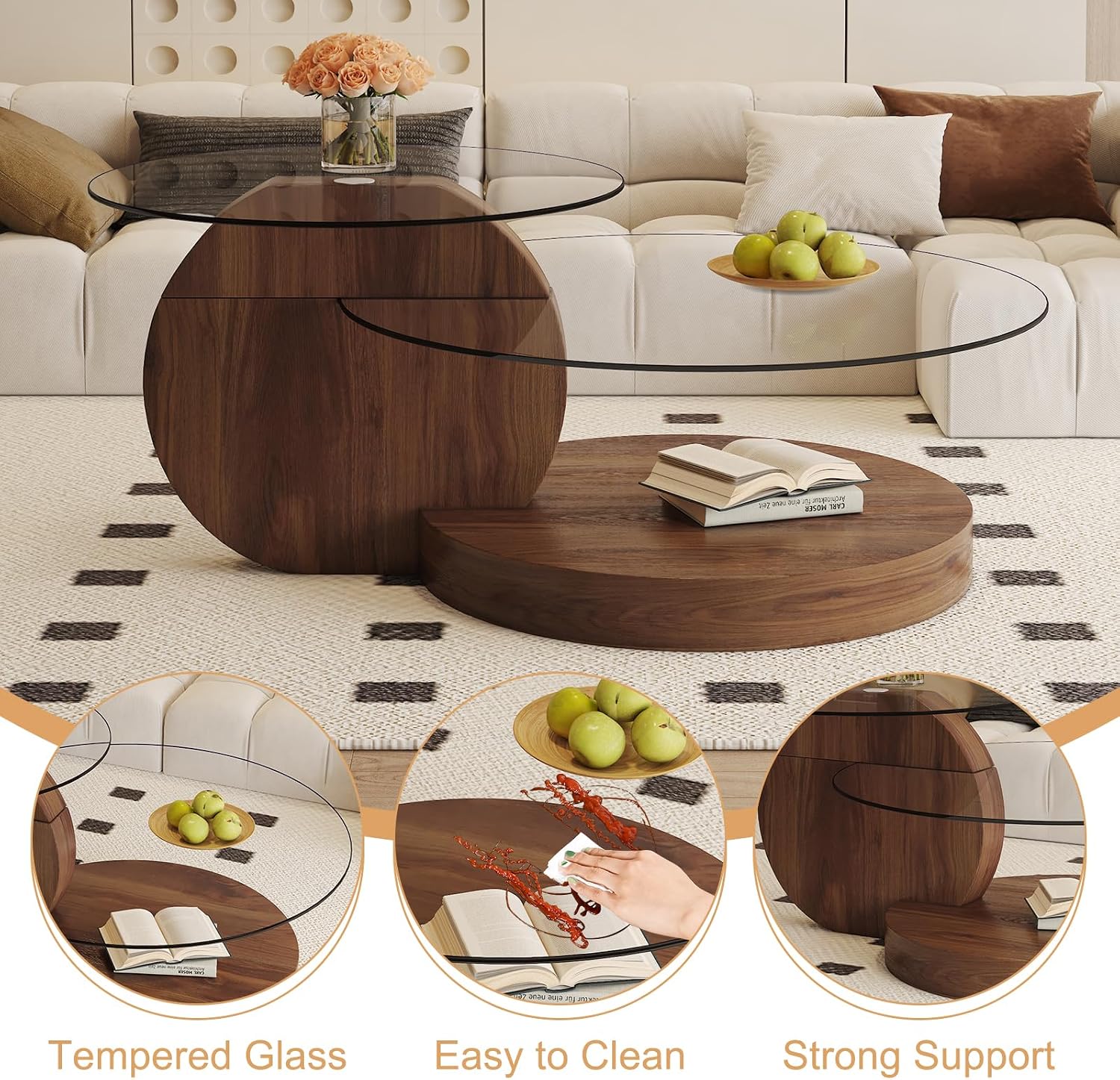 Glass Coffee Table 3 Tier Round Coffee Tables Tempered Clear Glass Top and Wood Table with Storage Modern Circle Coffee Table for Living Room(42' Dark Brown)