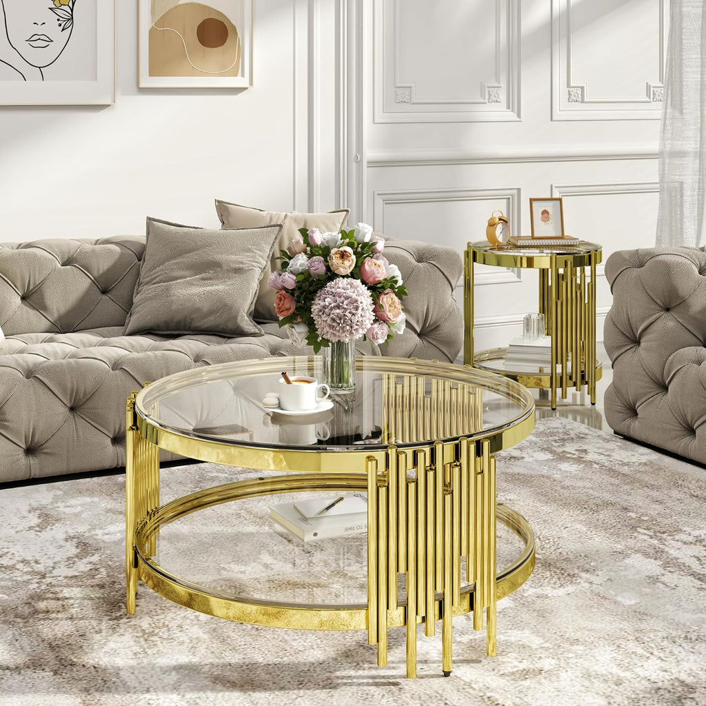 Round Glass Coffee Table Modern Living Room Table, 35.43' Gold Stainless Steel Leg Clear Tempered Glass, Circle Sofa Center Table Furniture for Home Apartment Office, Gold